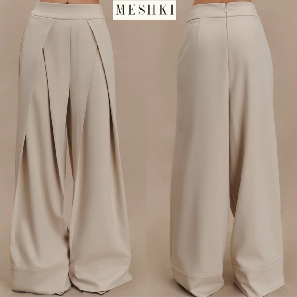 NWT MESHKI Katarina Wide Leg Suiting Pants Sand Size M High Rise Pleated